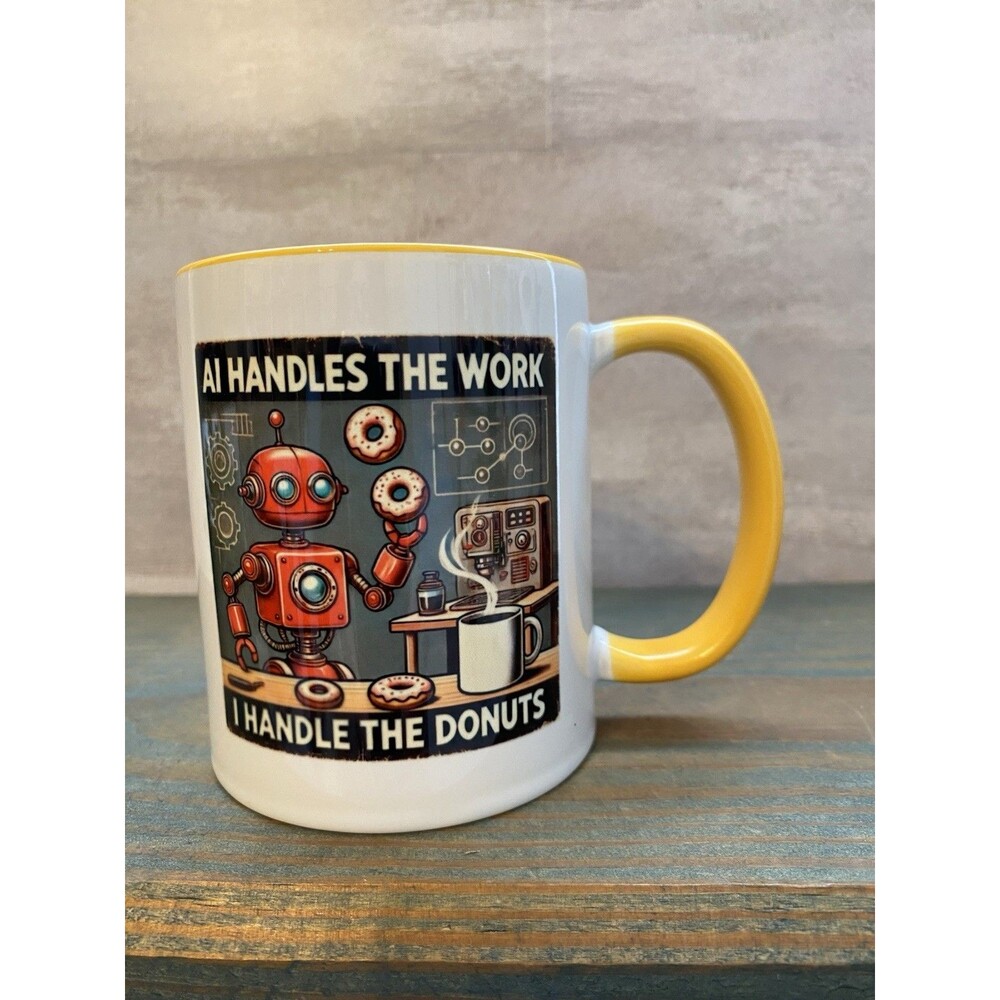 Funny Coffee Mug Tea Cup AI Robot Donuts 12 oz
